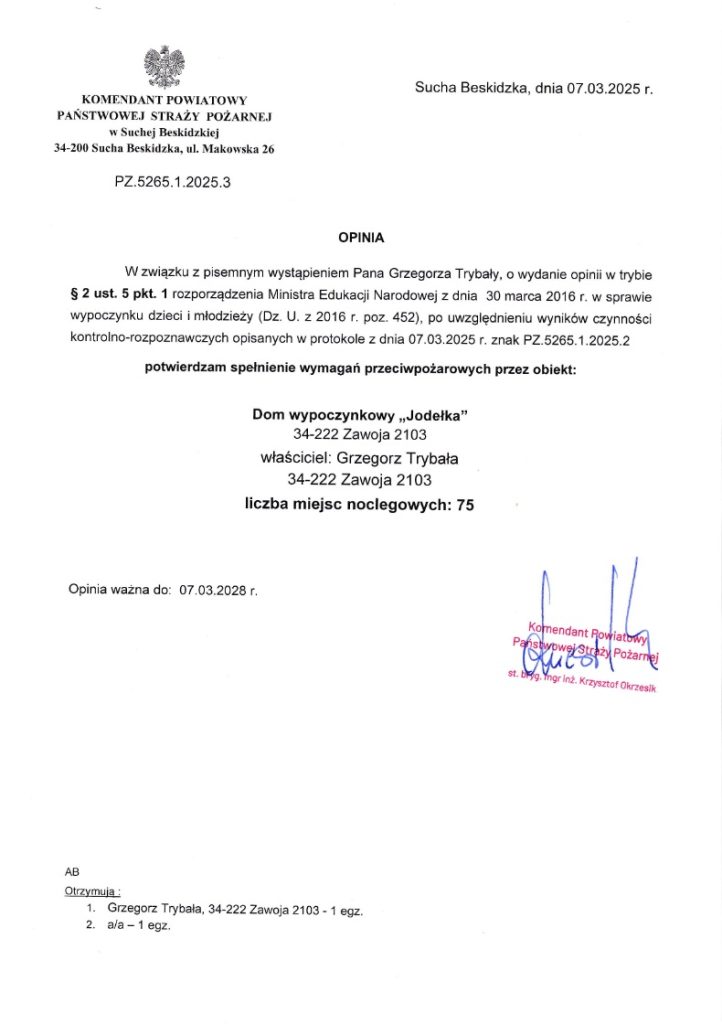 Opinia p.poż. ośrodka Jodełka